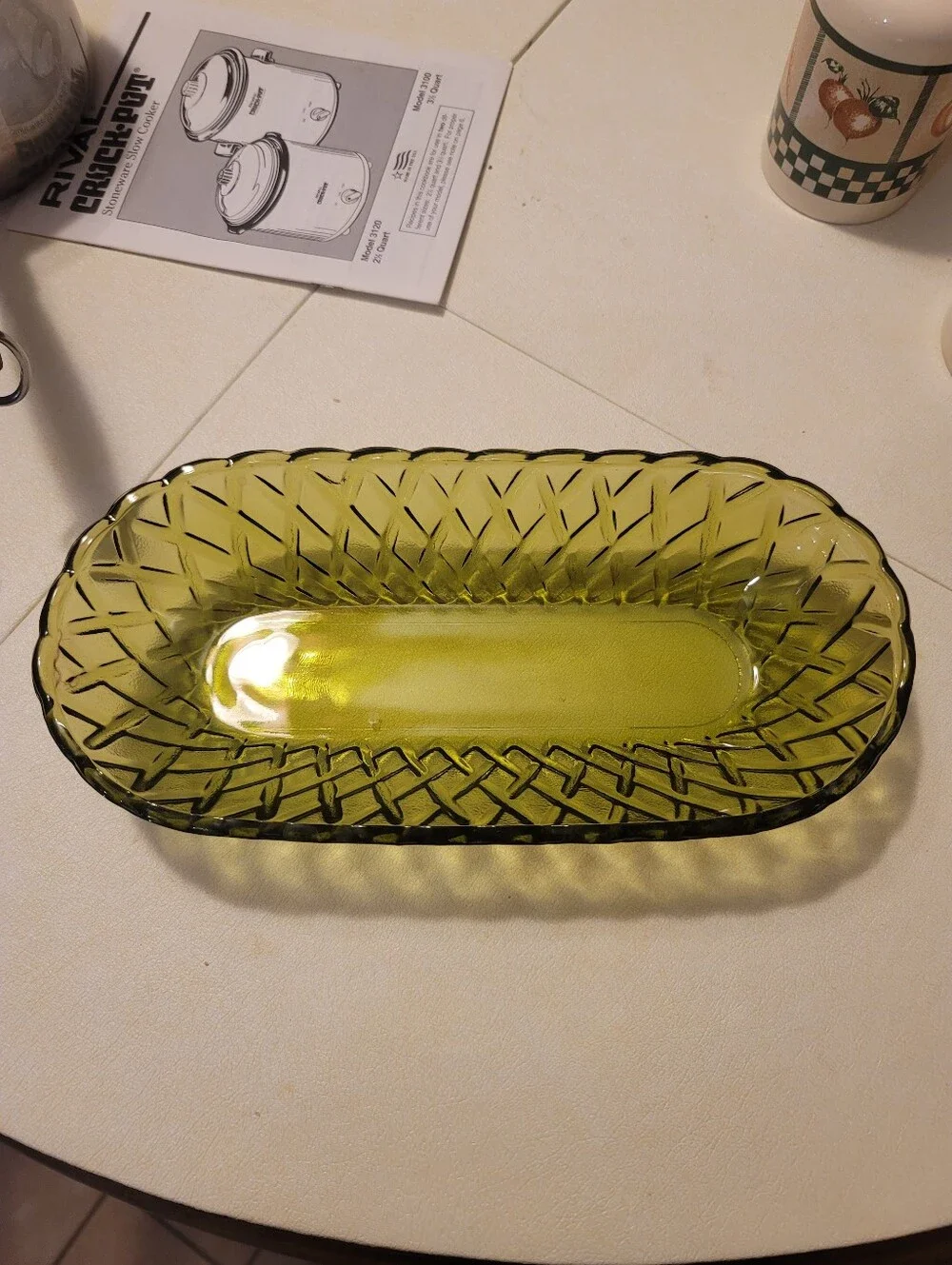 Vintage Indiana Glass Avocado Green Celery Relish Dish Basketweave MCM